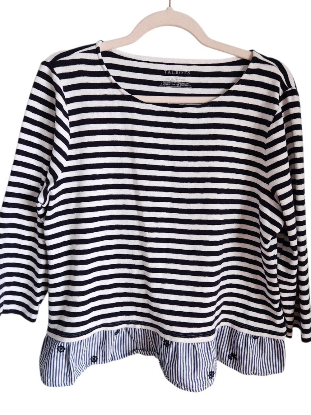 Talbots Shirt XL Blue White Stripe Women's Nautical Top Faux Layer 3/4 Sleeve
